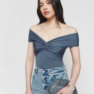 Reformation Ezlynn Blue/Gray Twist Front Off Shoulder Top